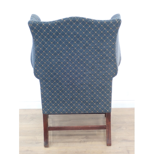 584 - A George III, and later, blue upholstered wingback Armchair on square cut supports and 'H' stretcher... 