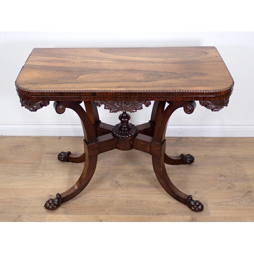 596 - A Regency rosewood scissor action Card Table, possibly Wilkinson's patent, the foldover top with bea... 