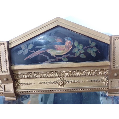 616 - A gilt, aesthetic movement Overmantel Mirror, the arched top with panel painted bird on a branch, Gr... 