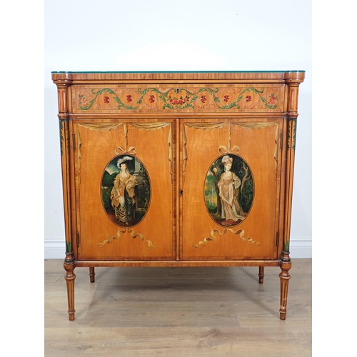 622 - A satinwood Side Cabinet with painted decoration to frieze drawer and pair of doors painted ladies i... 