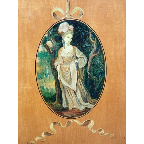 622 - A satinwood Side Cabinet with painted decoration to frieze drawer and pair of doors painted ladies i... 