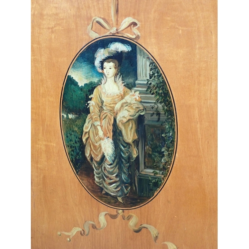 622 - A satinwood Side Cabinet with painted decoration to frieze drawer and pair of doors painted ladies i... 