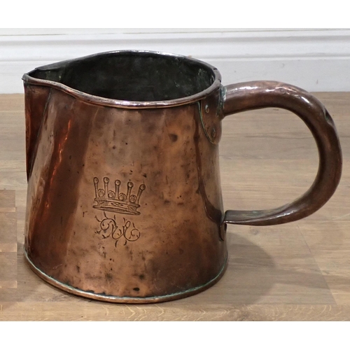 627 - A 19th Century Copper Beer Jug with a shaped tubular handle to the tapered cylindrical sides, engrav... 