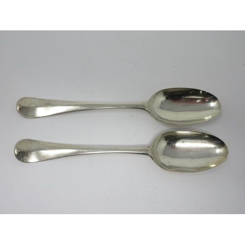 63 - A pair of George II silver bottom marked Table Spoons, Hanoverian pattern, engraved initials M and E... 