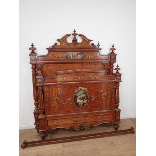 630 - A French painted Bedstead with broken pediment, painted frieze of winged cherubs, the footboard with... 