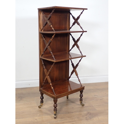 637 - A small mahogany four tier Whatnot with turned and square cross frame bracket supports to shelves on... 