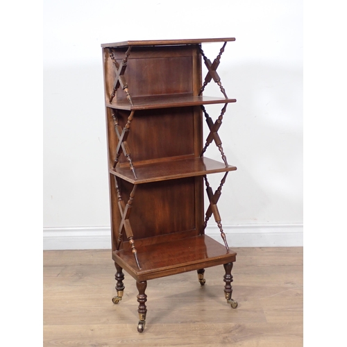 637 - A small mahogany four tier Whatnot with turned and square cross frame bracket supports to shelves on... 