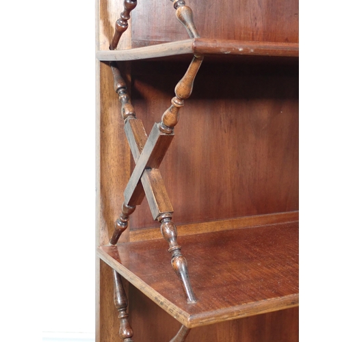 637 - A small mahogany four tier Whatnot with turned and square cross frame bracket supports to shelves on... 