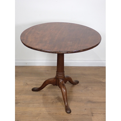 643 - A Georgian mahogany tilt-top Table with single piece top on gun barrel column on tripod base and pad... 