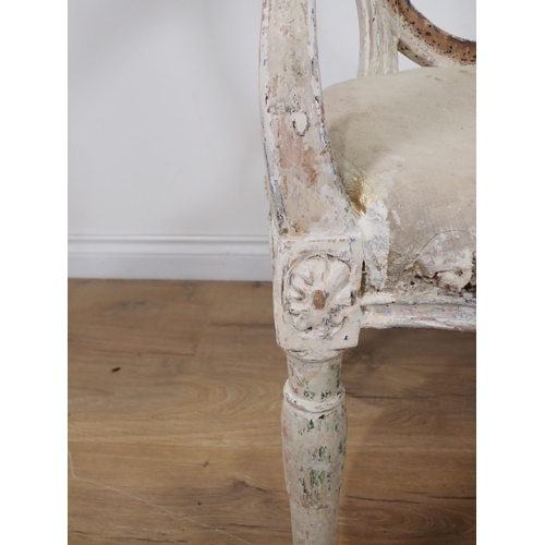 648 - A late 18th Century English painted beech Elbow Chair with oval back, shaped and upholstered arms wi... 