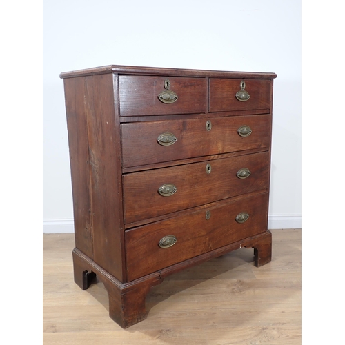 674 - A 19th Century oak Chest of two short and three long drawers on bracket feet 3ft 2in W