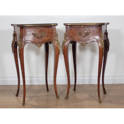 688 - A pair of French Bedside Stands with shaped tops, chequered inlay, fitted slide above drawer on cabr... 