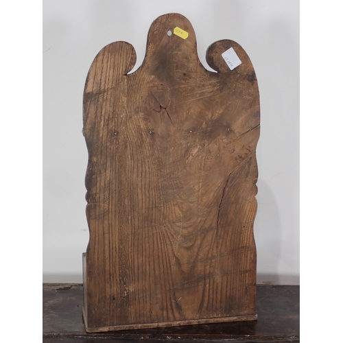 690 - An elm Spoon Rack with shaped surmount above divisions and tray base, 12in W x 21in H