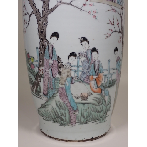 368 - A famille rose baluster Vase with head and ring moulded handles, decorated with figures in a landsca... 