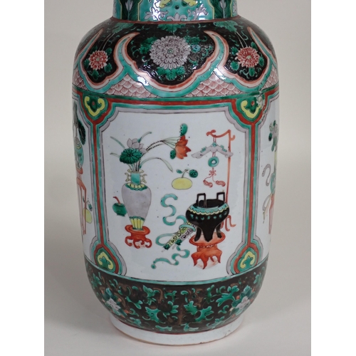 371 - A Kangshi baluster Vase with floral designs, panels of various vases, furniture, etc, in chiefly gre... 