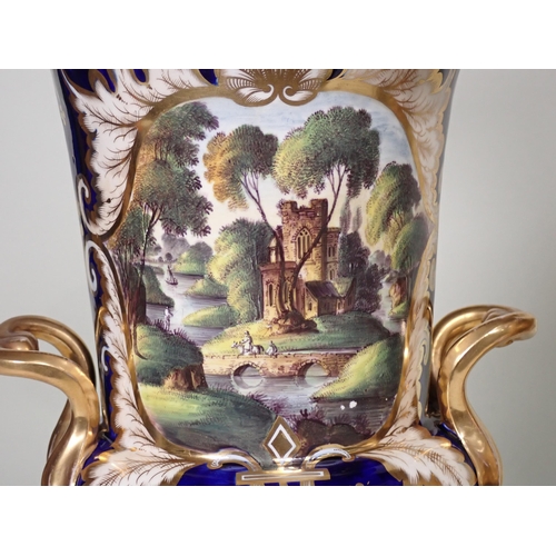 372 - A pair of Spode urn shaped two-handled Vases, decorated panels of landscapes with figures, sailing b... 