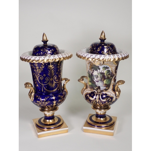 372 - A pair of Spode urn shaped two-handled Vases, decorated panels of landscapes with figures, sailing b... 