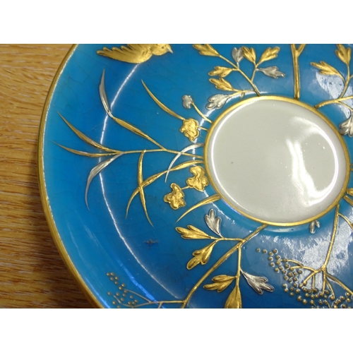 349 - A pair of Minton porcelain Cups and Saucers painted pink roses with gilt border, a Minton Coffee Cup... 