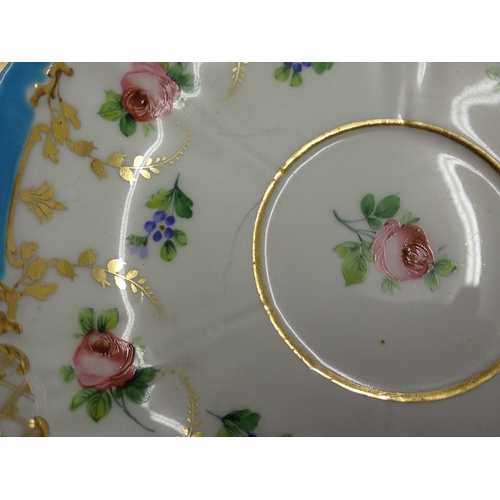 349 - A pair of Minton porcelain Cups and Saucers painted pink roses with gilt border, a Minton Coffee Cup... 