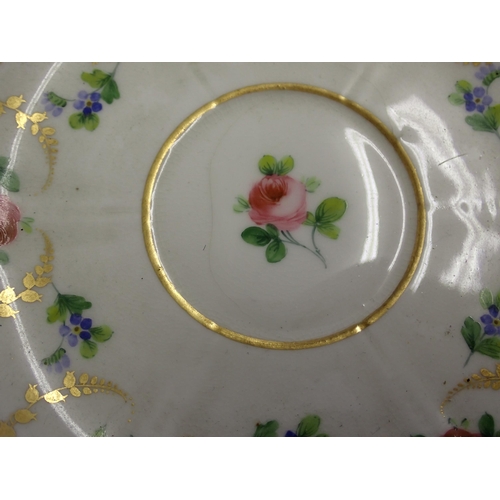 349 - A pair of Minton porcelain Cups and Saucers painted pink roses with gilt border, a Minton Coffee Cup... 