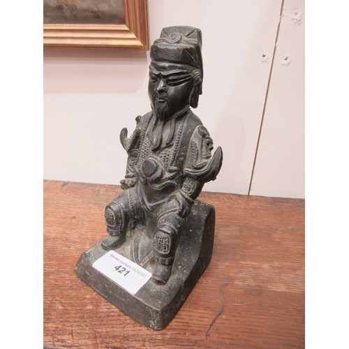 421 - A bronze of a seated Chinese warrior, 8in H