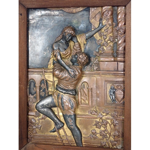 262 - An antique cast metal relief Panel of Romeo and Juliet in pine frame 9 1/2in x 7 1/2in