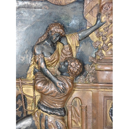 262 - An antique cast metal relief Panel of Romeo and Juliet in pine frame 9 1/2in x 7 1/2in