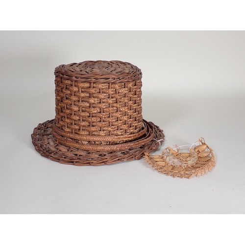 268 - A rare 19th Century Bedford straw plait work and cane countryman's top hat, inside brim 7 1/4  x 8 i... 