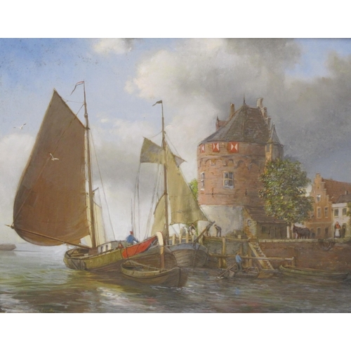 431 - A DE GROOTE. Dutch Fishing Boats unloading at a harbour wall, signed, oil on panel, 11 x 14in