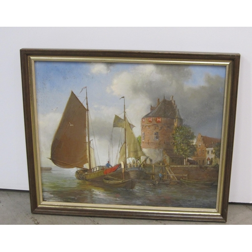 431 - A DE GROOTE. Dutch Fishing Boats unloading at a harbour wall, signed, oil on panel, 11 x 14in