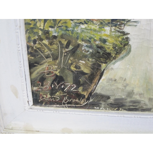 443 - DAVID BROMLEY. View towards a Country House, signed and dated 28.11.72, oil on board, 30½ x 42in; an... 