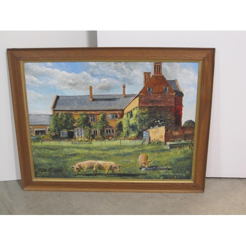 443 - DAVID BROMLEY. View towards a Country House, signed and dated 28.11.72, oil on board, 30½ x 42in; an... 