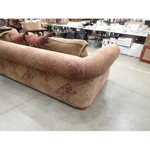 685 - A large burgundy and gold upholstered Chesterfield Sofa  8ft W x 2ft 10in H x 4ft 6in D, various Thr... 