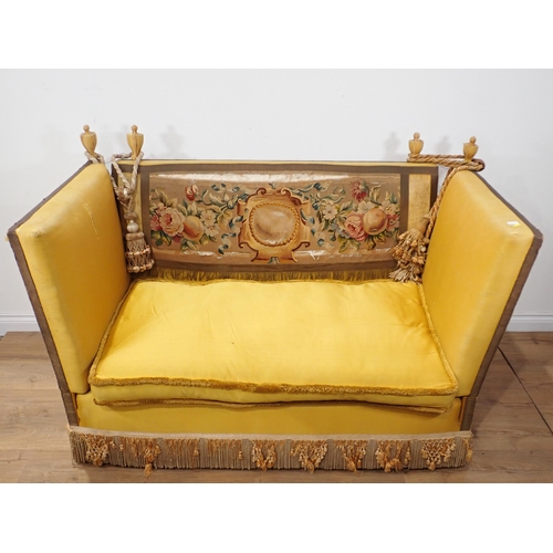 377 - A Victorian yellow upholstered Knole Settee with tapestry back of fruit and flowers (A/F) with drop ... 