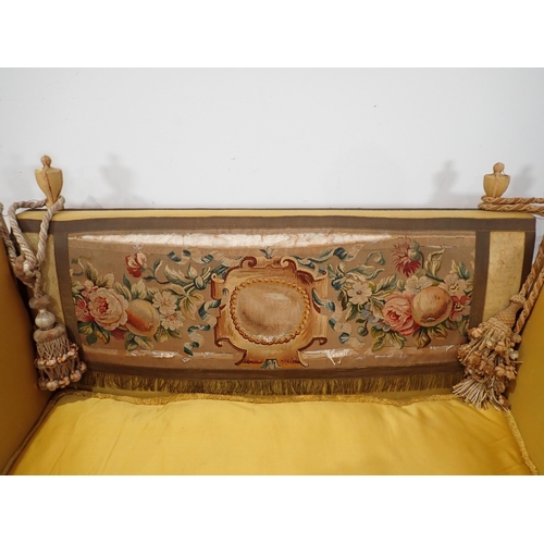 377 - A Victorian yellow upholstered Knole Settee with tapestry back of fruit and flowers (A/F) with drop ... 