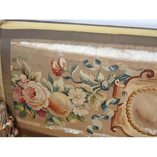 377 - A Victorian yellow upholstered Knole Settee with tapestry back of fruit and flowers (A/F) with drop ... 