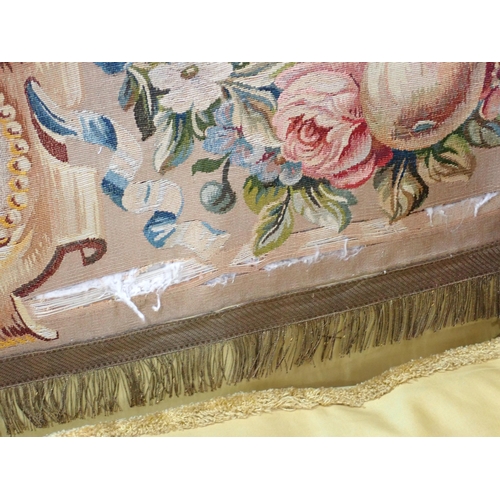 377 - A Victorian yellow upholstered Knole Settee with tapestry back of fruit and flowers (A/F) with drop ... 