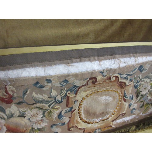 377 - A Victorian yellow upholstered Knole Settee with tapestry back of fruit and flowers (A/F) with drop ... 