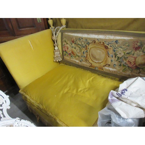 377 - A Victorian yellow upholstered Knole Settee with tapestry back of fruit and flowers (A/F) with drop ... 