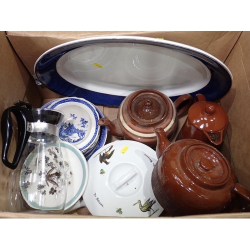 525 - Two boxes of china including Plates, Tureen, stoneware Tea and Coffee Pot, etc.