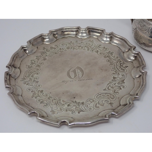 107 - A George V silver shaped circular Waiter with leafage engraved frieze, initial 'O', etc, Birmingham ... 