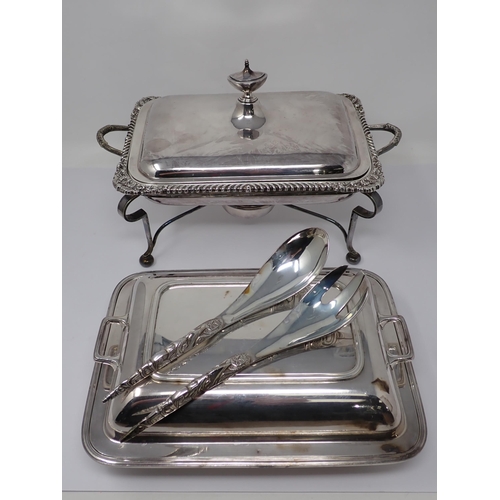 112 - An E.P. oblong Entree Dish and Cover with gadroon rims on two-handled stand with spirit burner, anot... 