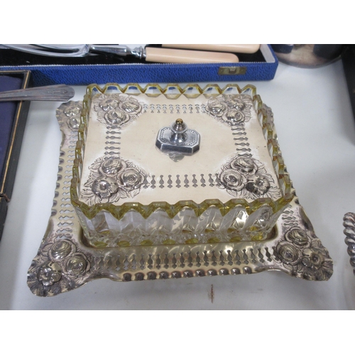 137 - A pair of Edward VII silver mounted cut glass Knife Rest and quantity of plated items including Serv... 