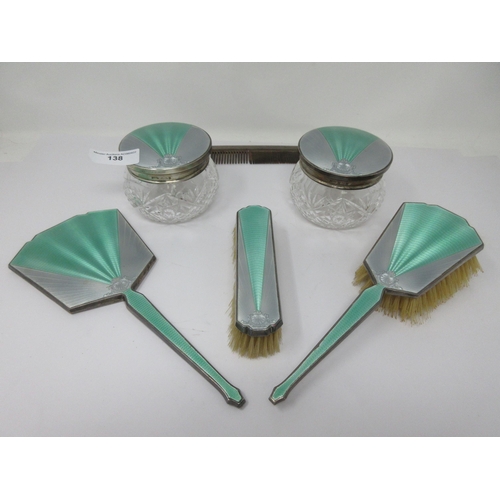 138 - A George V silver and green enamel mounted Art Deco Dressing Table Set, Birmingham 1932/3