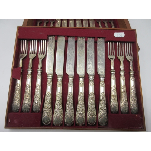 150 - Eighteen plated Dessert Knives and Forks with engraved blades, scroll handles engraved initials, in ... 