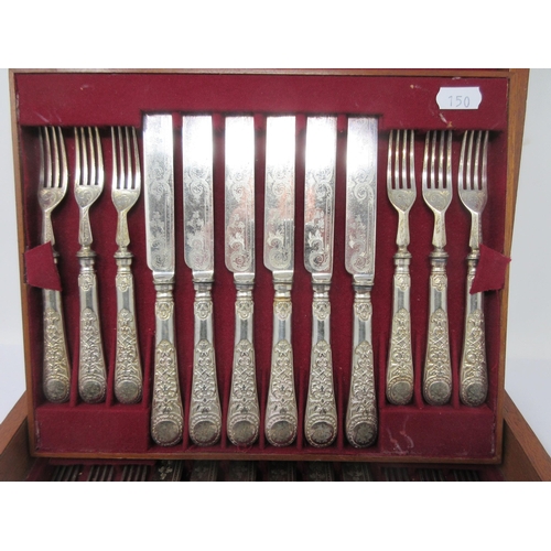 150 - Eighteen plated Dessert Knives and Forks with engraved blades, scroll handles engraved initials, in ... 