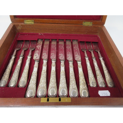 150 - Eighteen plated Dessert Knives and Forks with engraved blades, scroll handles engraved initials, in ... 