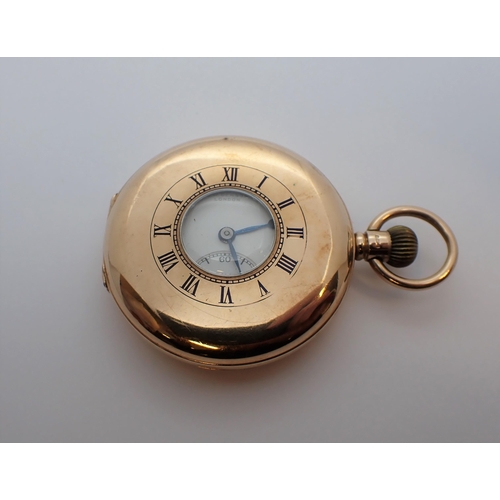 153 - A 9ct gold cased keyless wind half hunter Pocket Watch by J W Benson. London in Dennison case, the w... 