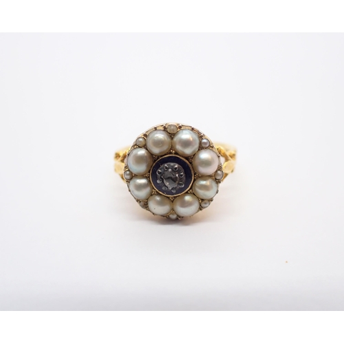 164 - An early 19th Century Diamond Enamel and Pearl Cluster Ring close-set rose-cut diamond with circle o... 