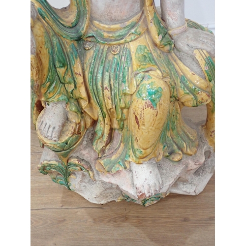 18 - A Figure, possibly terracotta, of two Oriental young females with partial glazed decoration 3ft 5in ... 